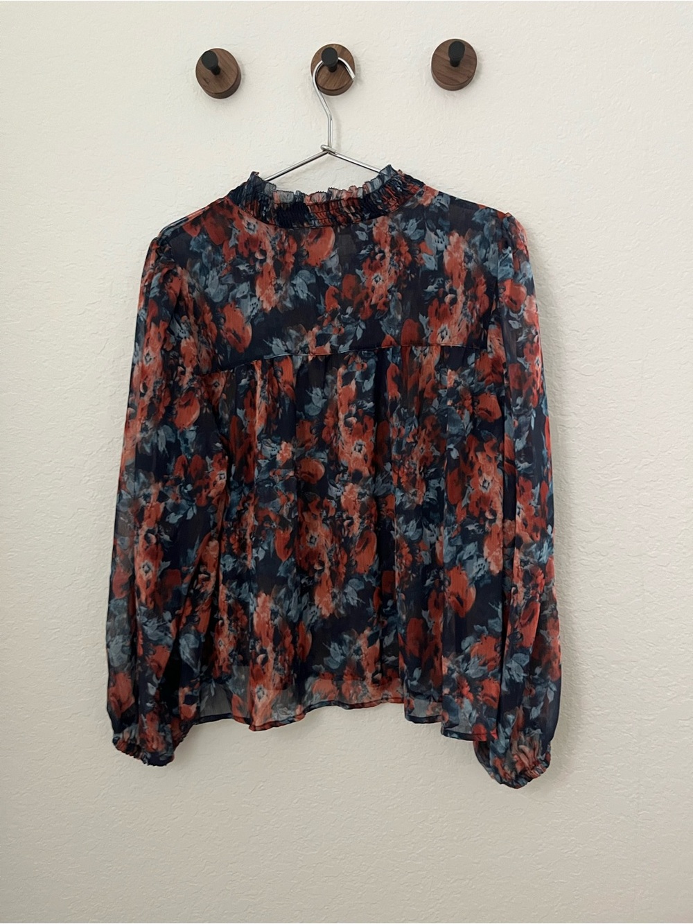 Sam Edelman Navy & Rust Floral Ruffle-Neck Blouse - Picture 3 of 3